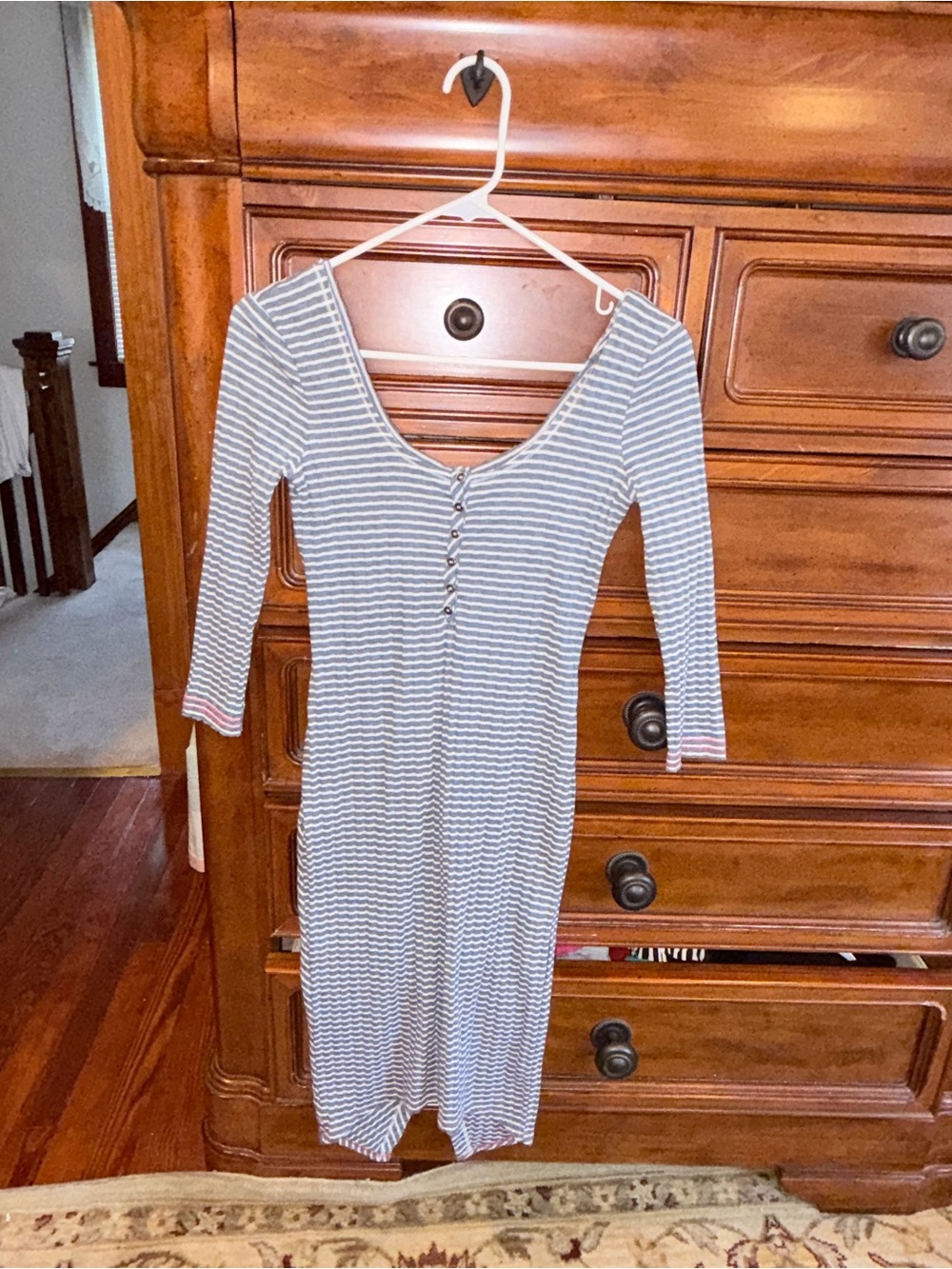 Free People Blue & White Striped Ribbed Henley Midi Dress XS